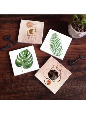 Odea Pinecone Stone Minimalist Soyut, Yaprak Taş Bardak Altlığı Seti - 4 Parça - Dekoratif, Rustik Mutfak Aksesuarı, 10X10 Cm, Kaydırmaz Tabanlı, Şık ve Dayanıklı SC347