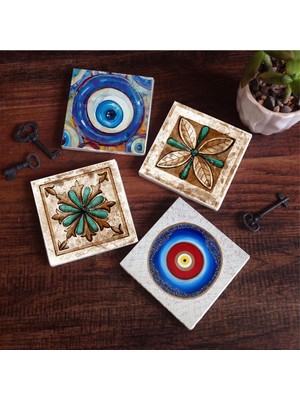 Odea Pinecone Stone Nazar, Fas Desenli Vintage Taş Bardak Altlığı Seti - 4 Parça - Dekoratif, Rustik Mutfak Aksesuarı, 10X10 Cm, Kaydırmaz Tabanlı, Şık ve Dayanıklı SC374