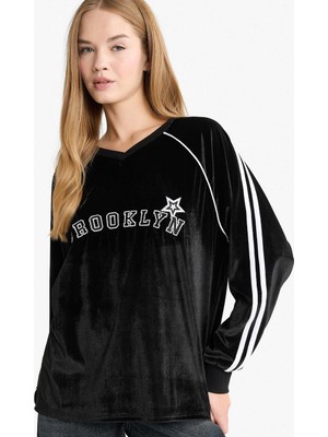Odea Defacto Oversize V Yaka Baskılı Kadife Sweatshirt G3729AX25WN
