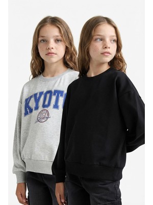 Odea Defacto Relax Fit Bisiklet Yaka Baskılı 2'li Sweatshirt Kız Çocuk E6473A825AU