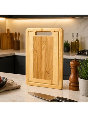 Odea Bambu Kesme Tahtası Su Yollu Doğal Ahşap Kesim Panosu 30X20 32X22 34X24 cm Seçenekli 1.8 cm Kalın Dayanıklı Bıçak Dostu Antibakteriyel Mutfak Doğrama Tahtası (32 x 22 Cm)