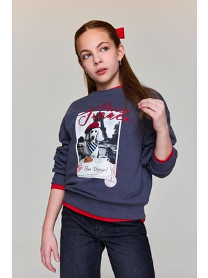 Odea Defacto Relax Fit Bisiklet Yaka Baskılı Sweatshirt Kız Çocuk E6759A826SP