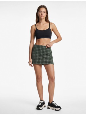 Odea Yüksek Bel Slim Fit Spor Ekose Şortlu Mini Etek