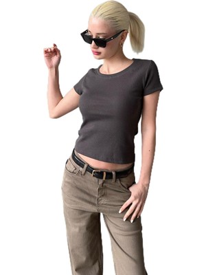Odea Madmext Füme Geniş Yaka Fittili Basic Kadın T-Shirt MG2293,FÜME S