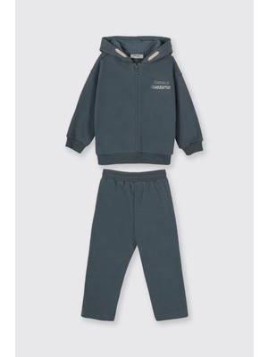 Odea Erkek Bebek Kapüşonlu Fermuarlı Sweatshirt Beli Lastikli Petrol 2'li Eşofman Takımı 4 Yaş (104 Cm)