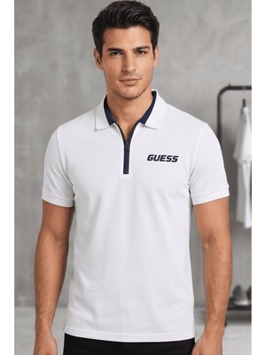Odea Guess Erkek Aktif Slim Fit Polo T-Shirt, Beyaz, S Beden