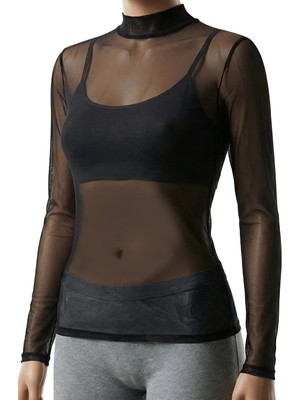 Odea Öts Kadın Pamuklu Atlet Balıkçı Yaka Tül Transparan Esnek ve Konforlu (3610), Siyah, M