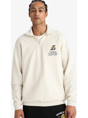 Odea Defacto Nba Los Angeles Lakers Oversize Geniş Kalıp Dik Yaka Yarım Fermuarlı Jakarlı Sweatshirt E9637AX25AU