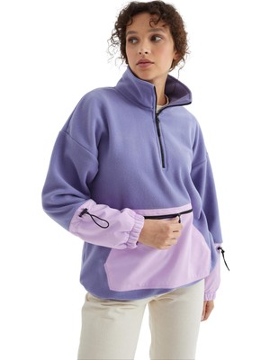 Odea Açık Eflatun Etek Ucu Büzgülü Yarım Fermuarlı Oversize Kadın Polar Sweatshirt - 97238