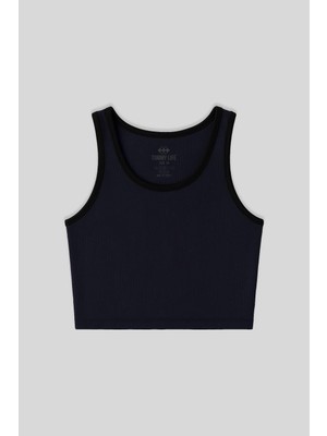 Odea Lacivert Basic Sıfır Kol Dar Kalıp U Yaka Kadın Crop Top Atlet - 97162