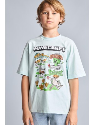 Odea DEFACTO%100 Pamuk Minecraft Lisanslı New Regular Fit Bisiklet Yaka Kısa Kollu Nane Yeşili Tişört Erkek Çocuk H5796A826AU