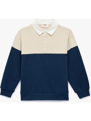 Odea Renk Bloklu Uzun Kollu Pamuk Karışımlı Polo Yaka Sweatshirt