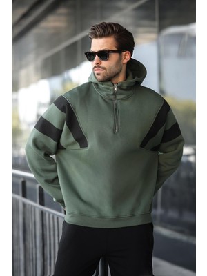 Odea Madmext Haki Fermuarlı Yaka Kapüşonlu Erkek Sweatshirt E7161,HAKI Xl