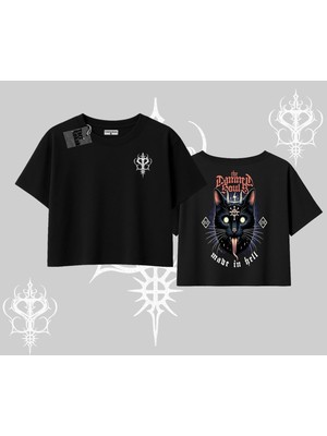 Odea Tarzsokak Gothic Cat Made In Hell Baskılı Sweatshirt Oversize Crop Tshirt, Siyah, M