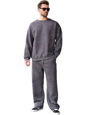 Odea Madmext Füme Bisiklet Yaka Batik Desenli Erkek Sweatshirt Pantolon Takım E7344,FÜME M