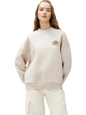 Odea Şardonlu Bisiklet Yaka Sweatshirt Slogan Baskılı Uzun Kollu