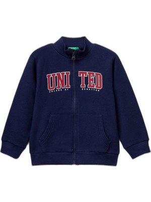 Odea Benetton Erkek Çocuk Lacivert Logo Baskılı Cepli Fermuarlı Dik Yaka Sweatshirt, Lacivert, 12-18 Ay