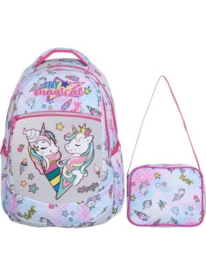 Odea Tahticmer Ilkokul Okul Sırt Çantası Kız Erkek Unisex Beslenme Çantalı Ortopedik 2li Set At Model Unicorn Beyaz
