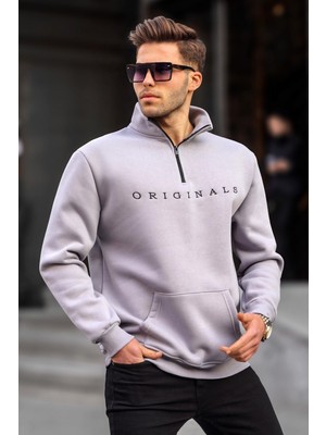 Odea Madmext Boyalı Gri Fermuar Yaka Nakışlı Sweatshirt 6028,GRI S