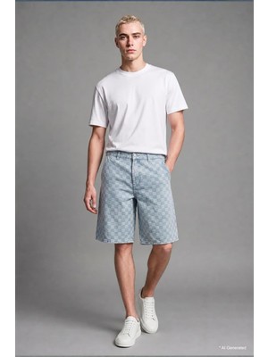 Odea DEFACTO%100 Pamuk Baggy Fit Açık Mavi Kareli Bermuda Şort I4053AX26HS