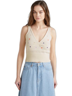 Odea Benetton Kadın KREM%100 Pamuk Çiçek Işlemeli Göğsü Büzgülü Regular Fit Triko Atlet