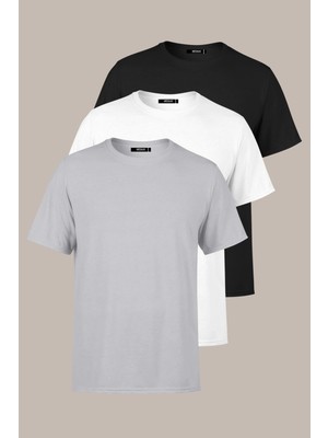 Odea Mmetalıc Erkek Çok Renkli T- Shirt Regular Fit Rahat Kesim Bisiklet Yaka 3'lü Basic Tişört Paketi Siyah-Gri-Beyaz 5xl