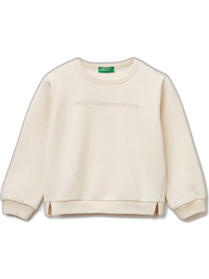 Odea United Colors Of Benetton Kız Çocuk Renk Bloklu Simli Logo Baskılı Yırtmaçlı Şardonlu Sweatshirt, 18-24-Ay, 225A39M2G10KY, Ekru, Kız-Çocuk