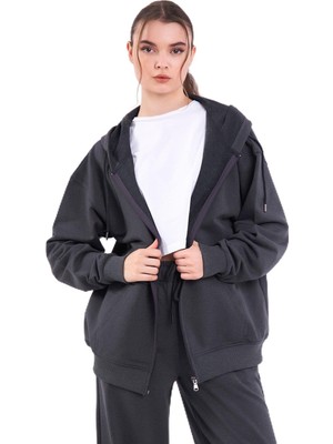 Odea Mmetalıc Antrasit Kanguru Cepli Kapüşonlu Fermuarlı Oversize Kadın Sweatshirt MTLCB73 Xl