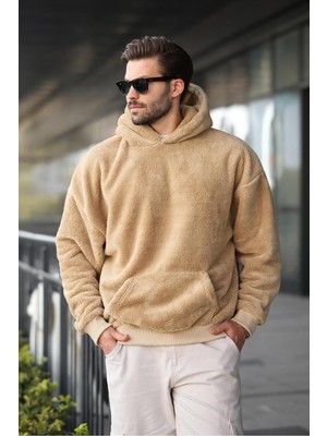 Odea Madmext Bej Peluş Kapüşonlu Erkek Sweatshirt 6050,BEJ Xl