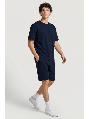 Odea Lacivert Oversize Fit Yumuşak Dokulu Basic Erkek Şort Takım - 85274