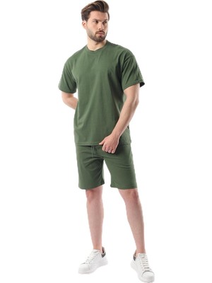 Odea Madmext Haki Overfit Baskılı Erkek Şort T-Shirt Takım E7302,HAKI M