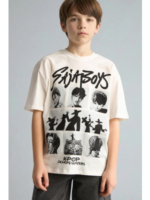 Odea DEFACTO%100 Pamuk Kpop - Demon Hunters Oversize Bisiklet Yaka Sırt Baskılı Kısa Kollu Tişört Erkek Çocuk H7028A826HS