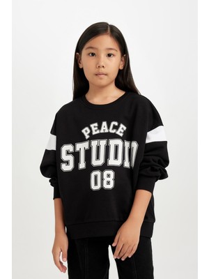 Odea Defacto Siyah Relax Fit Bisiklet Yaka Baskılı Sweatshirt Kız Çocuk D6641A824AU