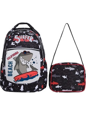Odea Tahticmer Ilkokul Okul Sırt Çantası Kız Erkek Unisex Beslenme Çantalı Ortopedik 2li Set Köpek Balığı Siyah