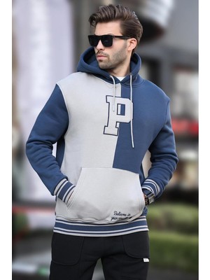 Odea Madmext Lacivert Renk Bloklu Kapüşonlu Baskılı Erkek Sweatshirt 7078,LACIVERT 2xl