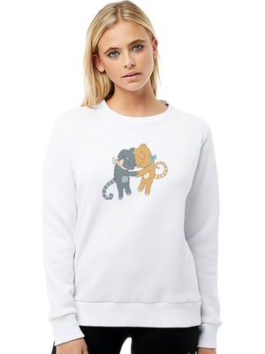 Odea Qivi Kadın Beyaz Kediler Baskılı Örme Sweatshirt BGA1701-KDNSW, M