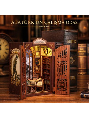 Odea Atatürk Çalışma Odası Mini Kitap Evi – Dıy Book Nook Kit, LED Işıklı Ahşap Minyatür Hobi Seti