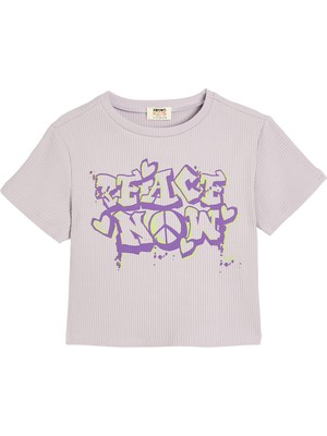 Odea Koton Crop Tişört Grafiti Baskılı Kısa Kollu Bisiklet Yaka Dokulu Pamuklu