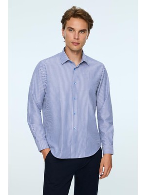 Odea Morven Erkek Mavi Polyester Trend Çizgili Dynamic Fit Sert Yaka Gömlek