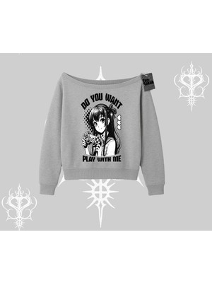 Odea Tarzsokak Kayık Yaka Sweatshirt Do You Want Play With Me Anime Kız Baskılı, Gri, M