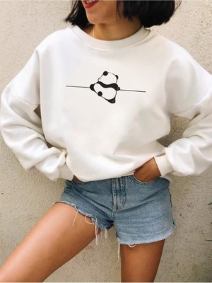 Odea Tarzsokak Panda Print Drop Shoulder Sweatshirt Beyaz, Beyaz, S/m