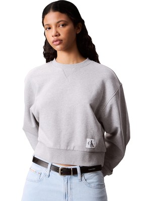 Odea Calvin Klein A - Cropped Badge Logo Sweatshir Kadın Sweatshirt BC06 Grey Heather L