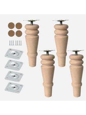 Odea Bohem 15 cm Doğal Ahşap Ayak (4 Adet) Silindir Mobilya Koltuk Kanepe Ayağı Metal Montaj Aparat Keçe