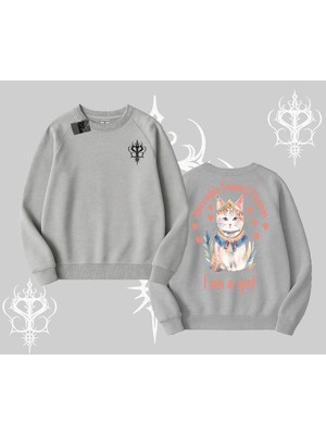 Odea Tarzsokak Cute Princess Kedi Tasarımlı Arka Baskılı Biskilet Sweatshirt, Gri, L
