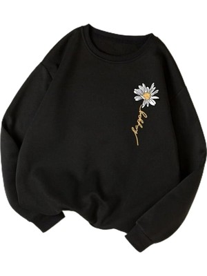 Odea Tarzsokak Siyah Oversize Papatya Baskılı 0 Yaka Kapşonsuz Pamuklu Kadın Sweatshirt, Siyah, M