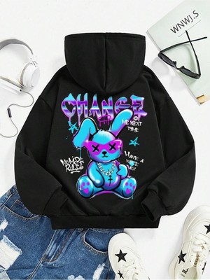 Odea Tarzsokak Siyah Tavşan Karikatürler Crewneck, SIYAH-167, M