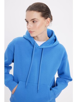 Odea Tudors Kapüşonlu Sweatshirt Oversize Geniş Kesim Içi Polarlı, L, SW250025, Mavi, Kadın