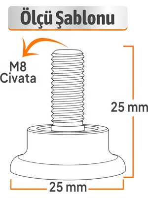 Odea 10 Adet Bingo Rotil Ayak Ayakları M8 Civatalı 8 mm Siyah Profil Ayağı 2.5 cm