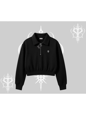 Odea Tarzsokak Beyaz Crop Yarım Fermuarlı Sweatshirt Özel Logolu, Siyah, L