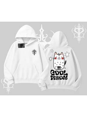 Odea Tarzsokak Cool Meow Yazılı Sevimli Kedi Arka Baskılı Kapşonlu Sweatshirt, Beyaz, Xl